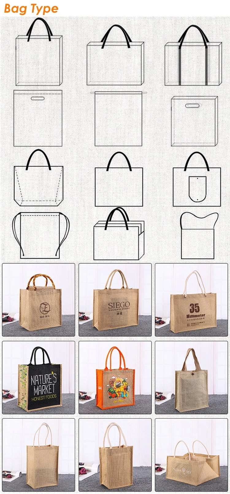 Custom Logo Natural Burlap Eco-Friendly Recycled Canvas Non-Woven Tote Bags Reusable Grocery Jute Shopping Bag